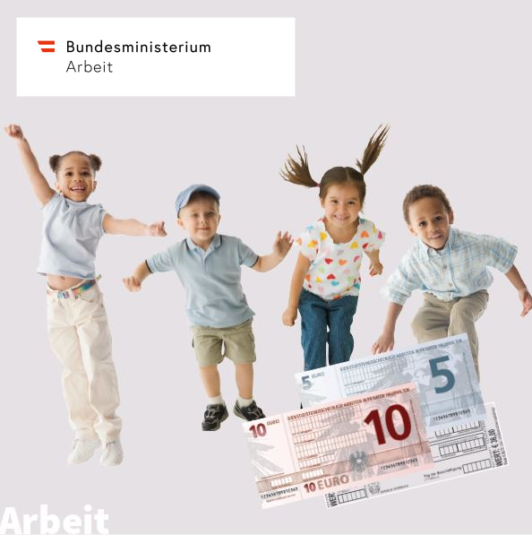 Deckblatt der Dienstleistungsscheck Broschüre mit springenden Kindern und Dienstleistungsscheck